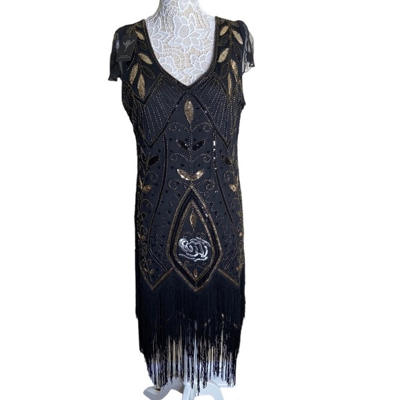 NWT Vision For Innovation Black Gold Sequin Dress 1920’s Gatsby Style costume - Picture 1 of 6
